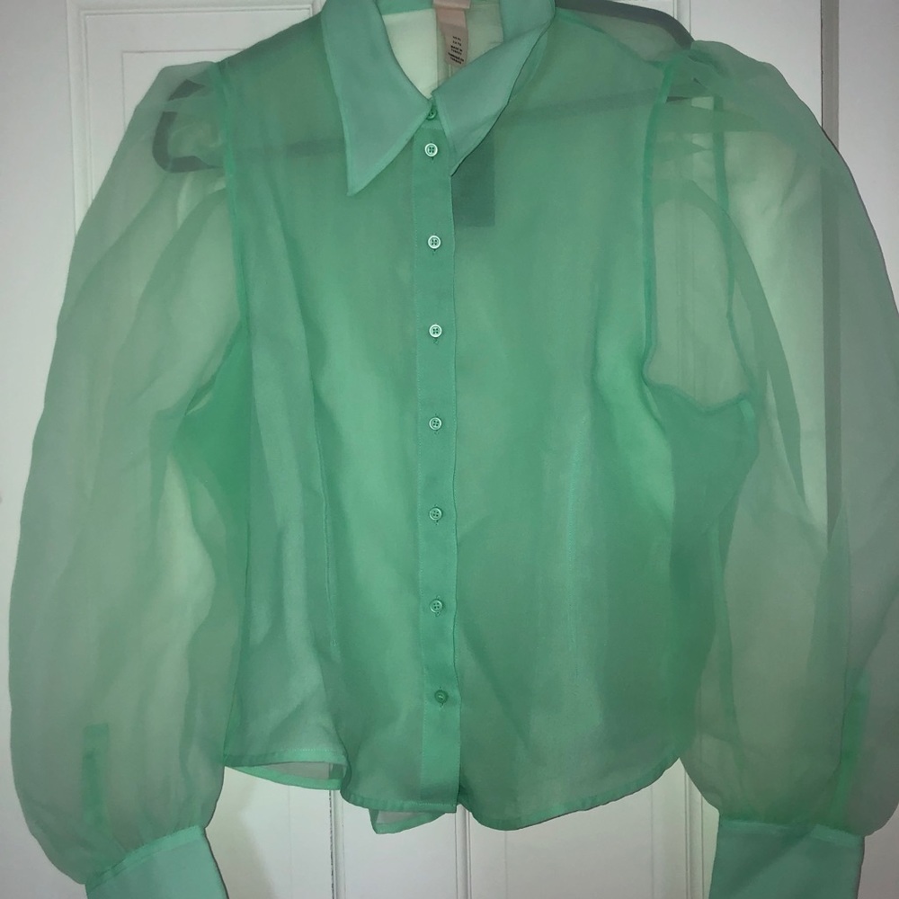 XL H&M sheer green button down blouse